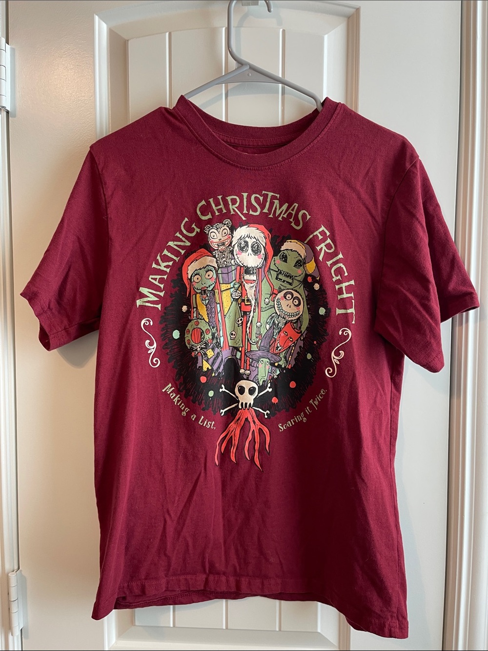 Disney Maroon Tee with Pale Green Holiday Script